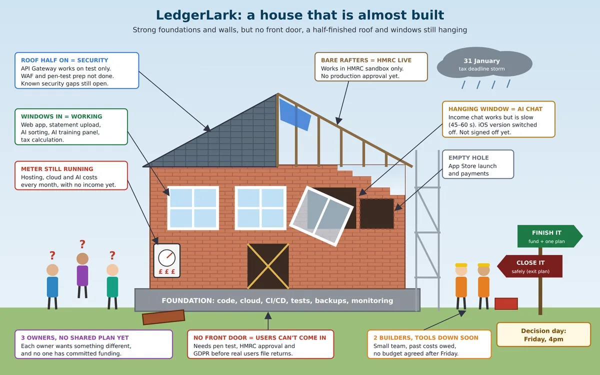 Illustration of an unfinished brick house. Labels map each part to the project: foundation is code and cloud, roof half on is security, bare rafters is HMRC live approval, hanging window is the slow AI chat, empty hole is the App Store launch, no front door means users can't come in, a running meter shows monthly costs, three owners with question marks and two builders waiting.