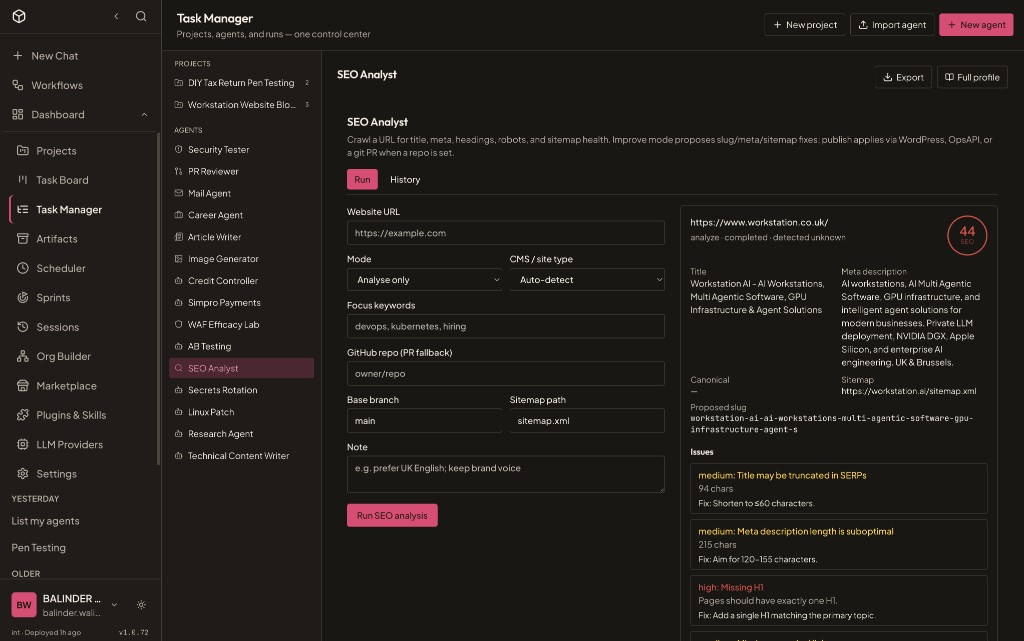 Jobshout SEO Analyst AI Agent — Task Manager analysing workstation.co.uk (SEO score 44)