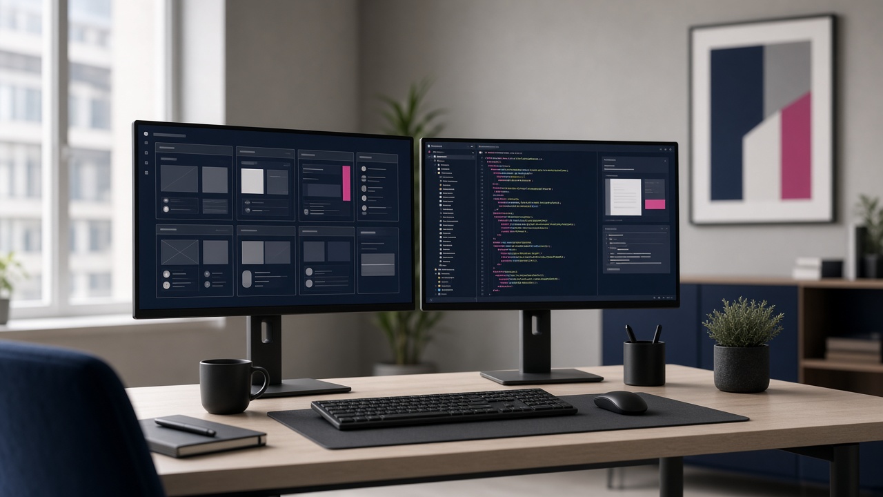 Software engineering workspace with monitors showing product design and code