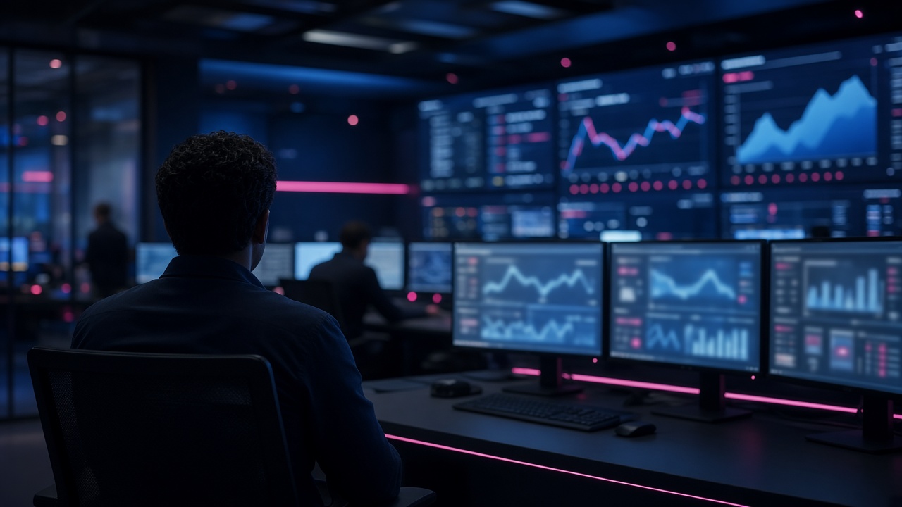 Operations control room with monitoring screens for autonomous platform operations