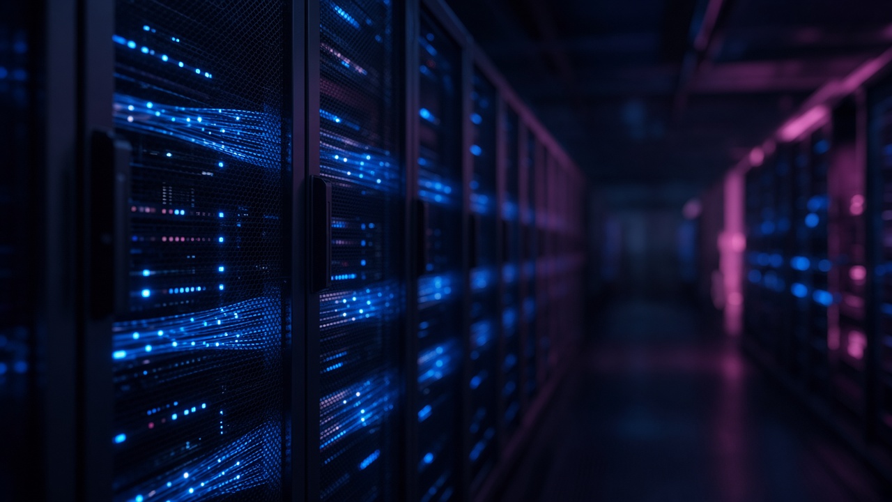 Data centre corridor with fibre lighting representing trusted data foundations