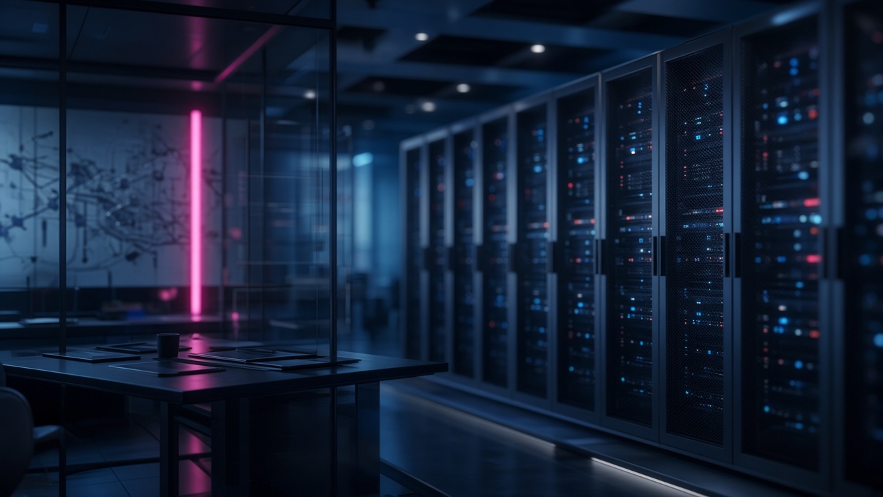 Modern data centre aisle with magenta accent lighting representing enterprise platform modernisation